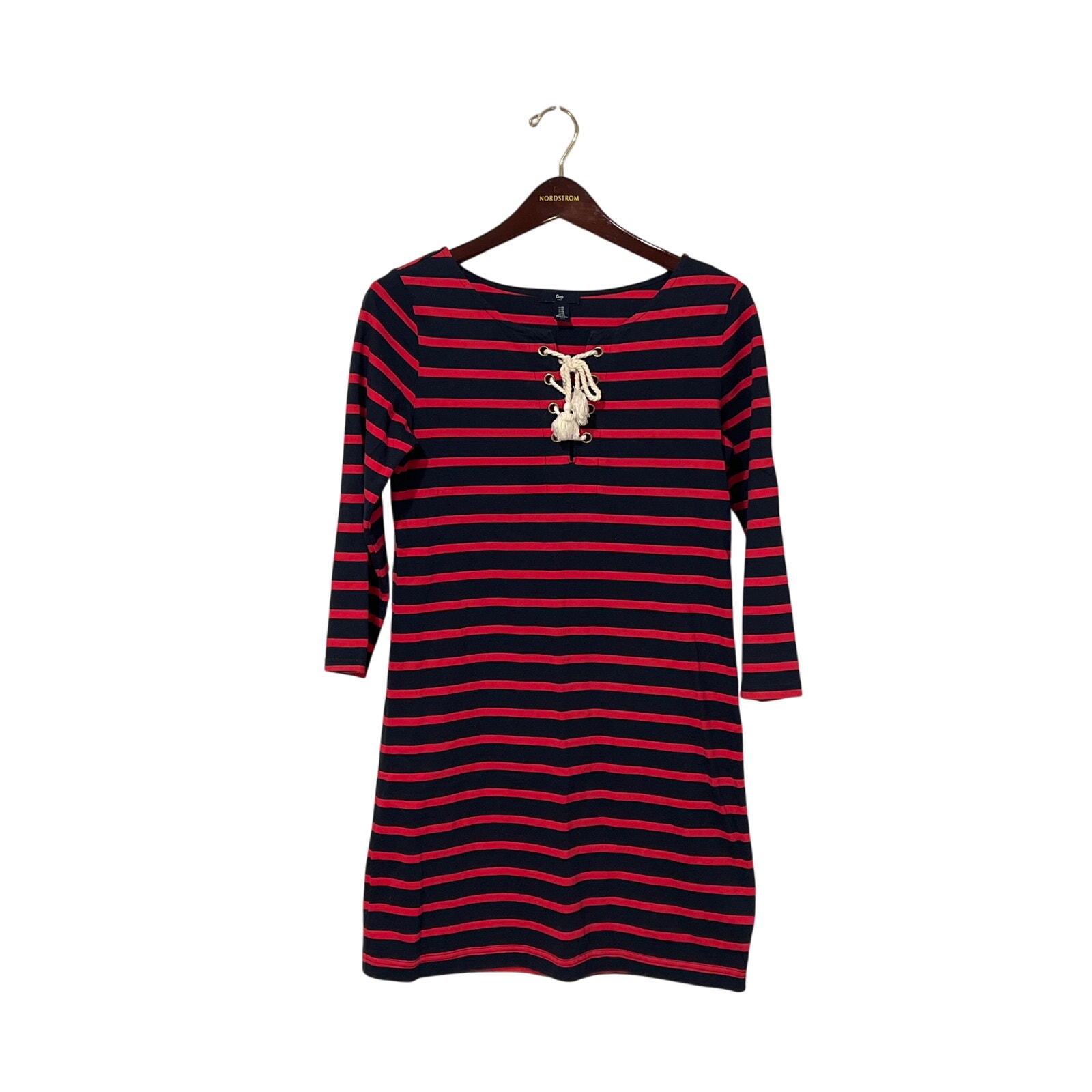 Gap, Red And Navy Long Sleeve Dress, Tie Front, Size Xs, Kb291